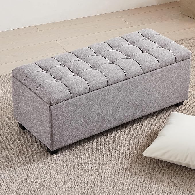 Ottoman with Storage 38 inches, Furniture End of Bed Storage Benches, Long Ottomans Bench with hinged lid, Bench seat Trunk for Foot Rest in Bedroom, Living Room (Gray)