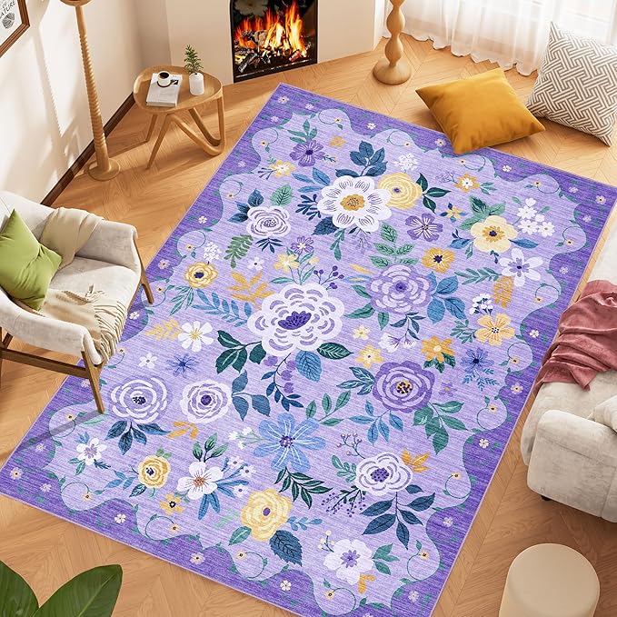 DUKINO 5x7 Area Rug, Floral Rugs for Living Room, Lightweight Non Slip Washable Rug, Indoor Low Pile & Non-Shedding Boho Design Rugs for Bedroom, Playroom, Dining Room, Purple