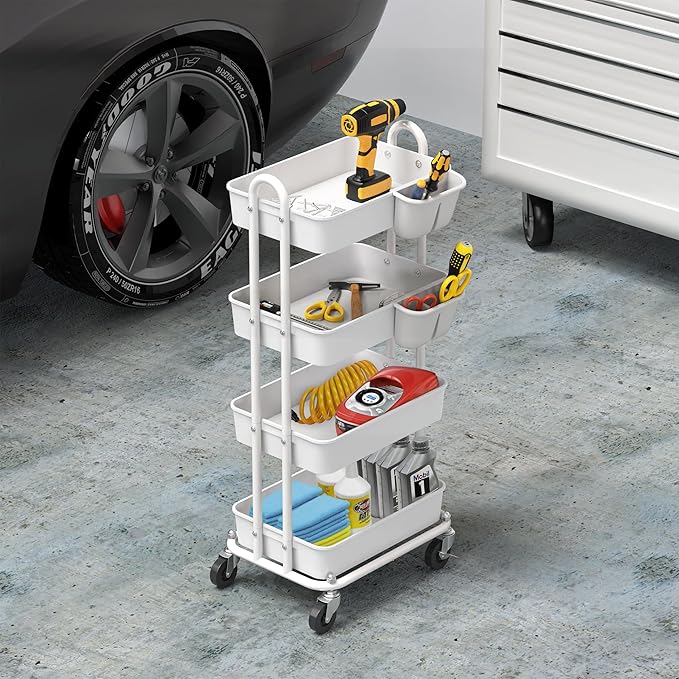 Simple Houseware 4-Tier Multifunctional Rolling Utility Cart with Hanging Buckets, White