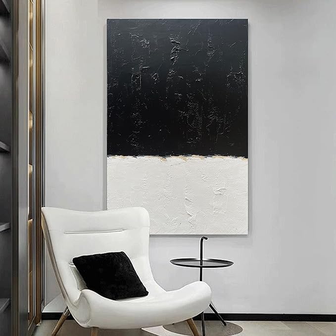 NANKAI Hand-Painted Black and White Wall Art, Minimalist Abstract Painting, Large Oil on Canvas Texture Wall Art, Office Art Contemporary Art 45x30 inches