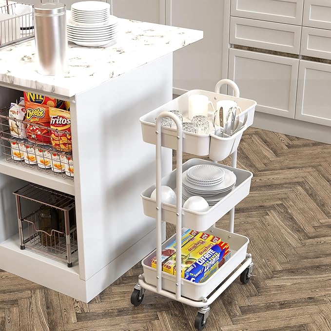 Simple Houseware 3-Tier Multifunctional Rolling Utility Cart with Hanging Bucket, White