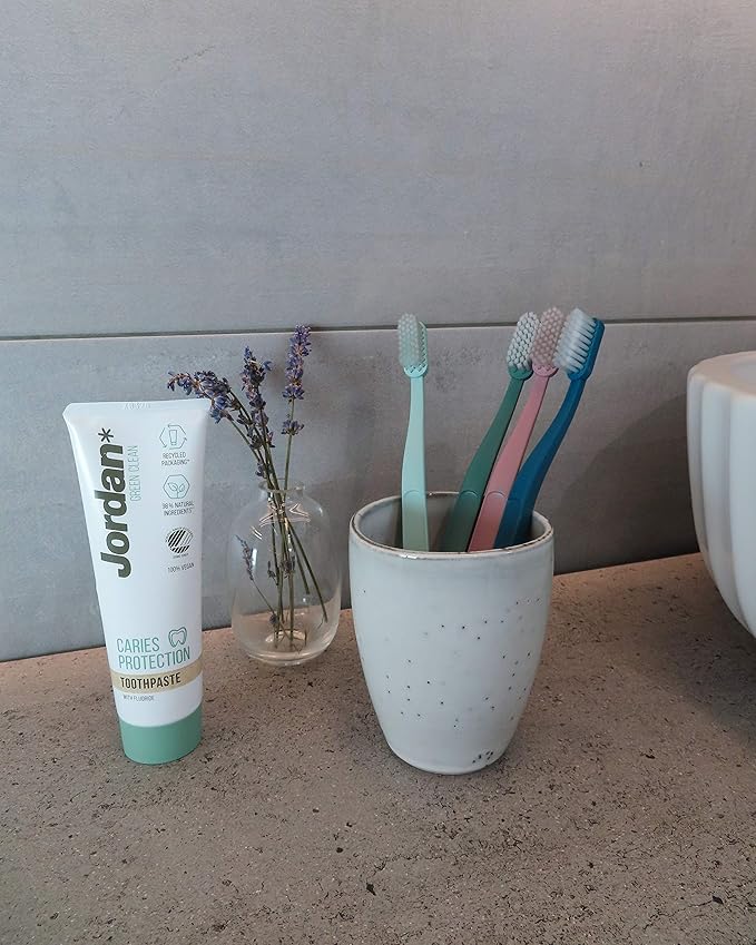Jordan Green Clean Manual Toothbrush - Sustainable, Scandinavian Design, Soft Bristles, Mixed Colors, 4 Units