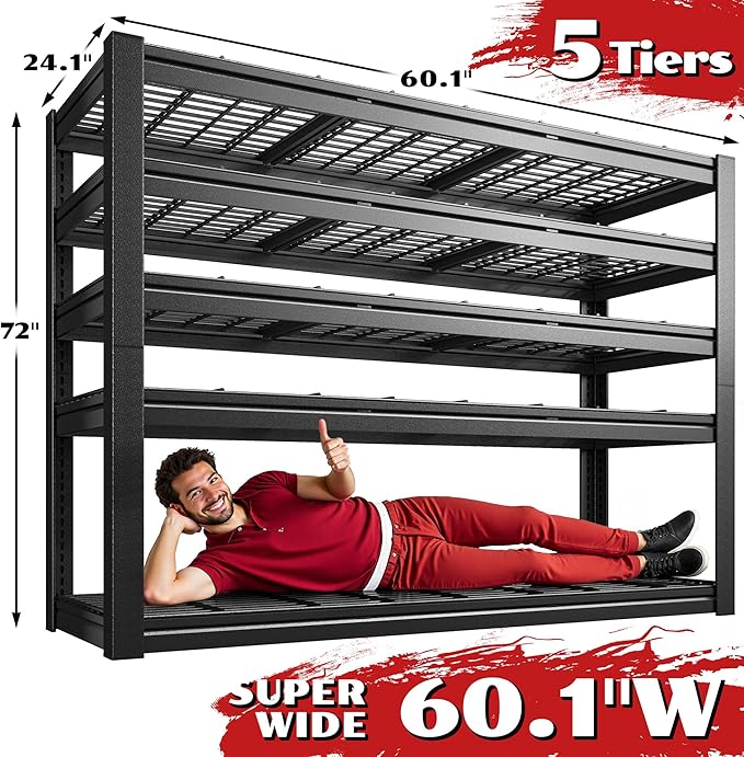 60.1" W Garage Shelving 3125LBS Metal Shelving Extra Wide Storage Shelves Adjustable 5 Tier Garage Shelves Industrial Metal Shelf for Basement Warehouse Shop 60.1" W x 24.1" D x 72" H
