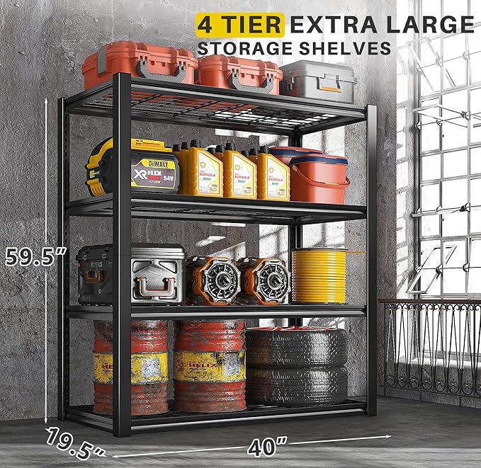 REIBII 40" W Garage Shelving 2240 LBS Storage Shelves Adjustable Metal Shelving Heavy Duty 4 Tier Metal Shelves for Garage Kitchen Pantry Warehouse Basement 40" W × 19.5" D × 59.5" H, 2 Pack