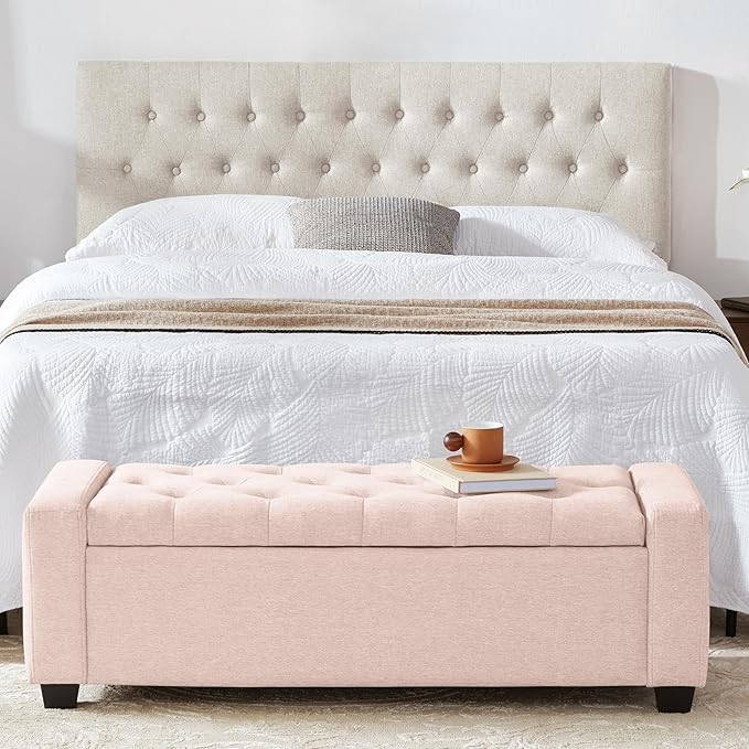 48" Ottoman with Storage, Pink Storage Ottoman Bench with Safety Hinge, Upholstered Entryway Bench with Seating for Bedroom, Living Room, Holds up to 330 lb