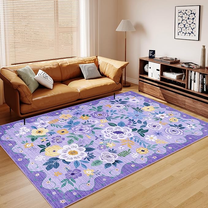 DUKINO 5x7 Area Rug, Floral Rugs for Living Room, Lightweight Non Slip Washable Rug, Indoor Low Pile & Non-Shedding Boho Design Rugs for Bedroom, Playroom, Dining Room, Purple