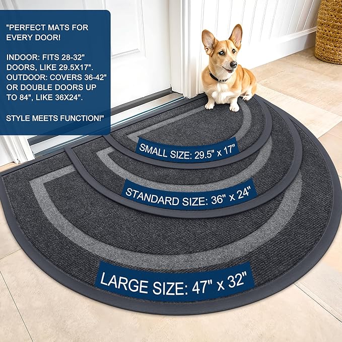 OLANLY Half Circle Door Mat Indoor Outdoor Entrance Welcome, Waterproof All-Season, All-Weather Doormat, Sturdy Natural Rubber, Low Profile, Easy Clean Patio Porch Entryway Mat, 71x47, Grey