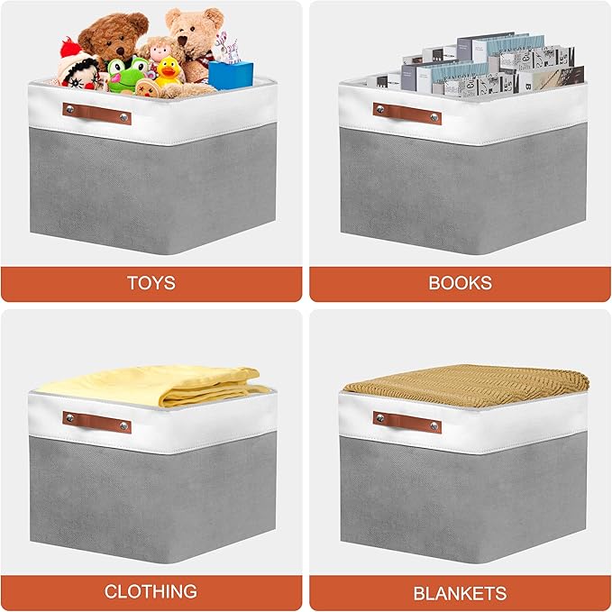 11in Open Fabric Storage Basket with Leather Handles for Organizing, Collapsible Linen Closet Bins for Shelves, Closets, Laundry, Decorative Basket for Gifts. (White＆Gray, 3PCS/11x11in)