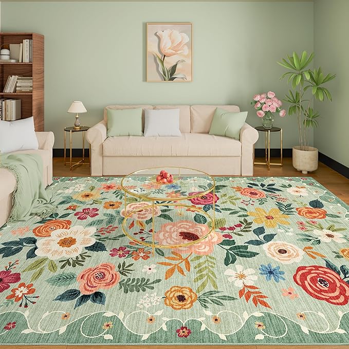 DUKINO 8x10 Area Rug, Floral Rugs for Living Room, Lightweight Non Slip Washable Rug, Indoor Low Pile & Non-Shedding Boho Design Rugs for Bedroom, Living Room, Dining Room, Green