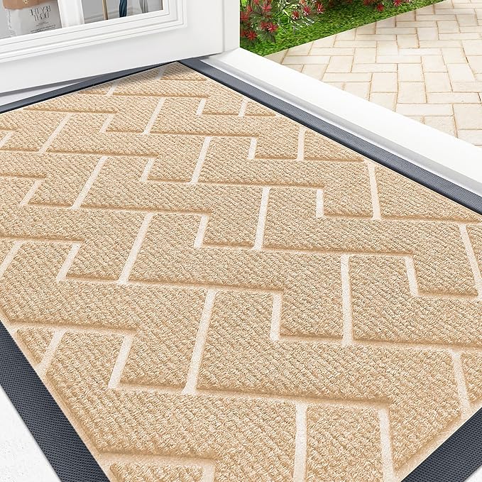 OLANLY Front Door Mat Indoor Outdoor Entrance, Waterproof All-Season, All-Weather Doormat, Sturdy Natural Rubber, Low Profile, Easy Clean Patio Porch Entryway Mat, Herringbone Brick (Beige, 47x32)