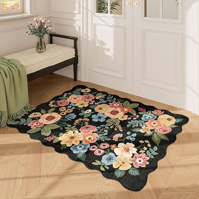 DUKINO 2x3 Entryway Rug, Floral Washable Indoor Door Mat with Non-Slip Backing, Soft Low Pile Small Front Door Throw Rugs for Entryway, Kitchen, Bedroom, Laundry, Bathroom,Black