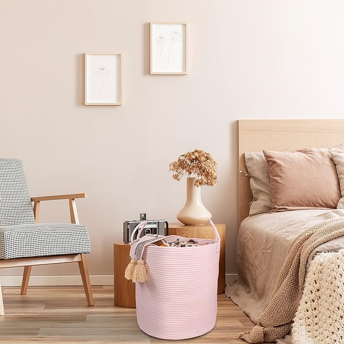 Cotton Rope Laundry Basket Hamper for Girls Kids Baby Nursery Hamper Bin Woven Storage Basket for Living Room Girls room Boho Tall Rope Baskets for Blanket Toys Large light pink