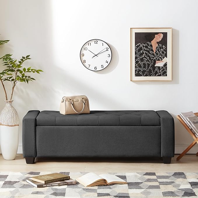 48" Ottoman with Storage, Soft Storage Ottoman Bench for Bedroom, Tufted Upholstered Window Benches, End of Bed Bench for Living Room, Entryway Bench with Seating, Foot Rest, Darkgrey