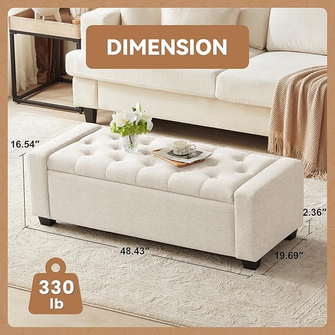 48" Ottoman with Storage, Large Storage Ottoman Bench for Bedroom with Safety Hinge, Upholstered Tufted Window Benches, End of Bed Bench for Living Room, Entryway Bench with Seating, Beige