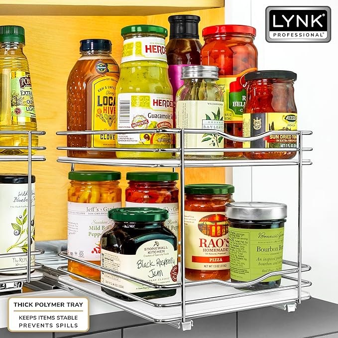 LYNK PROFESSIONAL® Pull Out Spice Rack Organizer for Inside Kitchen Cabinets - 8-1/4 inch Wide - Slide Out Drawer – Chrome Sliding Spice Cabinet Organization Shelf Racks - 1 Tier