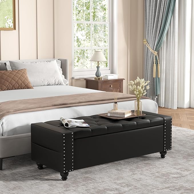 Maupvit Storage Ottoman Bench, 49 Inch Bedroom Bench, Upholstered Ottoman with Storage, Entryway Bench with Tufted Button, Faux Leather Window Bench for Bedroom, Living Room, Entryway, Hallway, Black