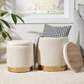Royal Windsor Round Ottoman with Storage Set of 2, Vanity Stool with Storage for Bedroom, Ottoman Coffee Table Gold-Tone Ring Around The Base, Small Velvet Foot Stool for Living Room, Beige