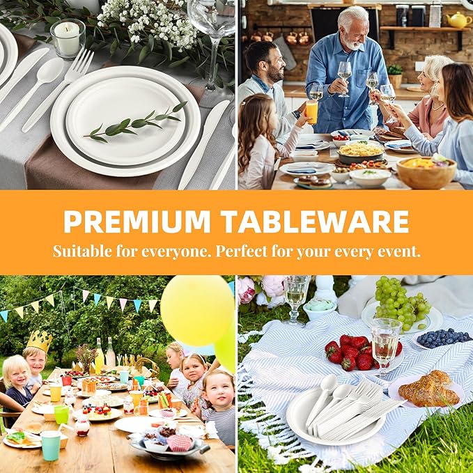 100% Compostable Cutlery Set, 300pcs (150 Forks,100 Spoons,50 Knives) Disposable Cornstarch Utensils Heavy Duty BPI Certified Eco-Friendly Party Supplies No Plastic, Ivory White