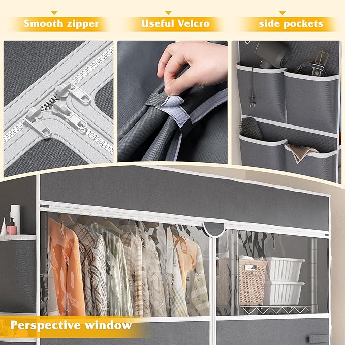 Raybee Clothes Rack with Cover,Clothing Racks for Hanging Clothes with Wheels and Adjustable Feets,Rolling Heavy Duty Garment Rack,Black