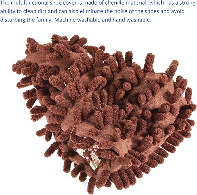 1 Pair Washable Cleaning Shoes Cover - Floor Cleaning Dust, Chenille Microfiber Duster Mop Slippers, Apply to House Office Room (Brown)
