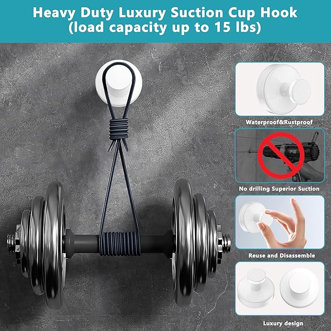 Suction Cup Hooks for Shower,Removable No Drill Towel Hooks,Upgraded 15 lbs Strong Suction hooks for Bathroom Tile,Shower Wall,Glass Door,Kitchen-Loofah,Coat,Stainless Waterproof-White 4 Pcs