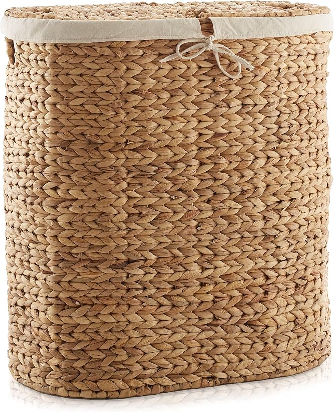 Casafield Oval Laundry Hamper with Lids and Removable Liner Bags - Natural, Woven Water Hyacinth 2-Section Laundry Basket Sorter for Clothes and Towels