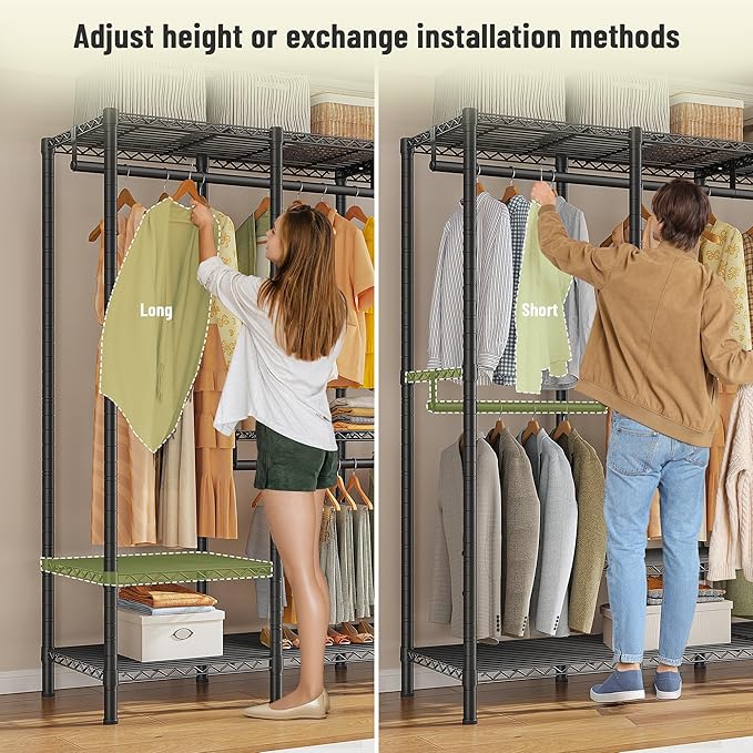 Raybee Heavy Duty Clothes Rack for Hanging Clothes,Clothing Rack with Shelves, Adjustable,76" W x 77" H x 18" D,Max Load 1150lbs,Black