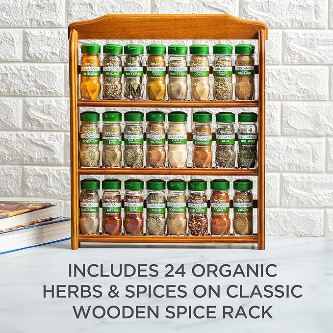 McCormick Gourmet Three Tier Wood 24 Piece Organic Spice Rack Organizer with Spices Included, 27.6 oz