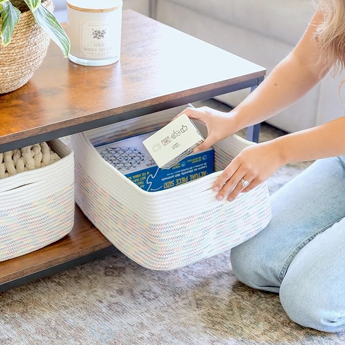 NaturalCozy Storage Baskets 16.8”x13”x7.6” Cotton Rope Woven Baskets for Organizing 3-Pack | Toy Storage Bins | Basket for Shelves, Laundry, Blanket, Clothes, Closet, Kitchen, Bathroom, Gifts