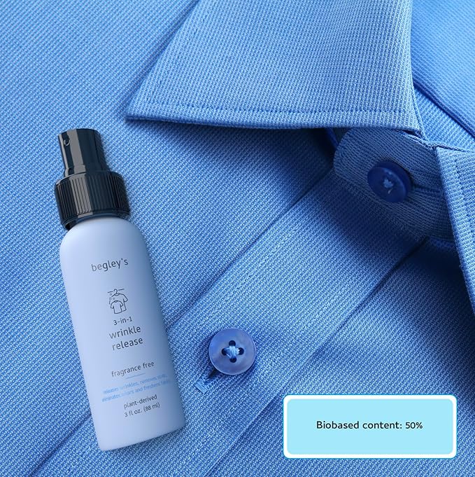 Begley's 3-in-1 Wrinkle Remover, Quick Fix Wrinkle Release, Static Cling Remover, Odor Eliminator and Fabric Refresher Spray - USDA Certified Biobased - Fragrance-Free, 3 oz Travel Size