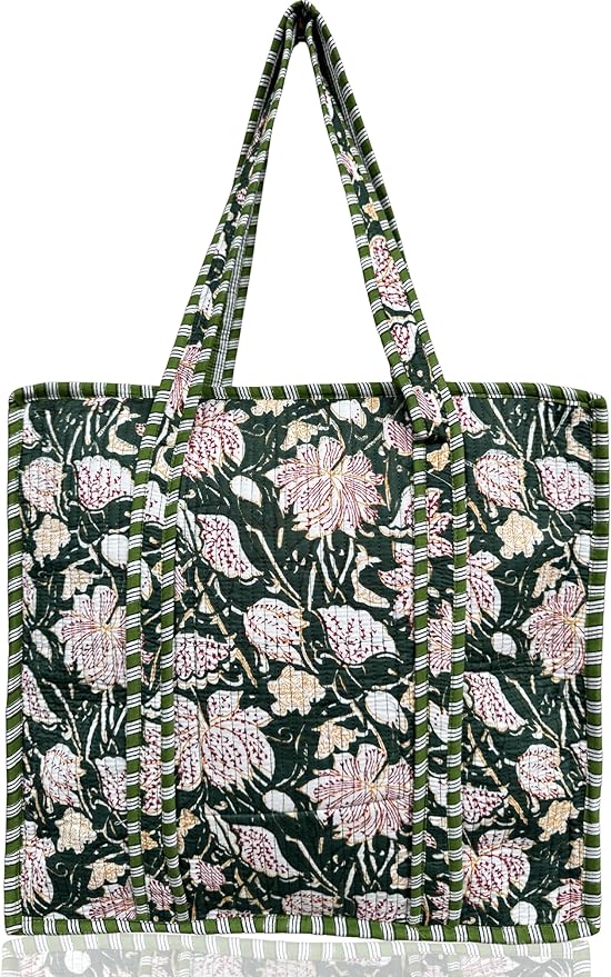 Cotton Quilted Tote Bag for Women – Large Beach & Travel Tote with Zipper, Reusable Grocery Bag