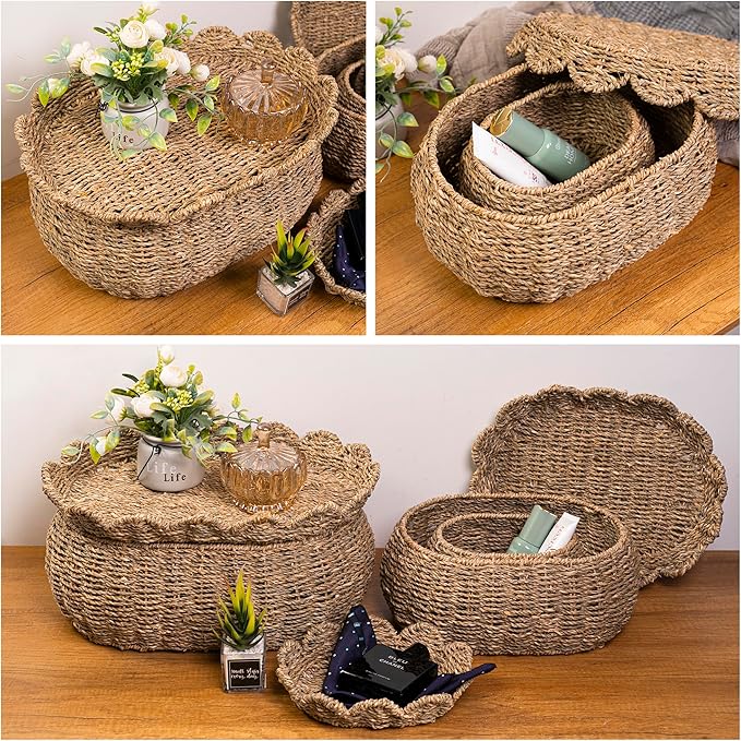 KOLWOVEN Set of 3 Wicker Storage Baskets with Lid - Decorative Handwoven Rattan Baskets for Organizing, Small Hyacinth Storage Boxes with Scalloped Edges, Natural Woven Storage Bins with Lids