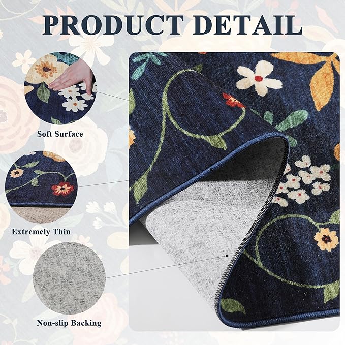 DUKINO 2x4 Rug for Entryway, Washable Kitchen Floral Runner Rug with Non Slip Backing, Low Pile Soft Boho Carpet for Kitchen, Hallway, Entryway, Laundry, Bedroom, Navy Blue