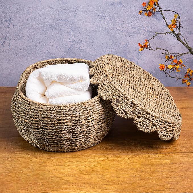 KOLWOVEN Set of 3 Wicker Storage Baskets with Lid - Decorative Handwoven Rattan Baskets for Organizing, Small Hyacinth Storage Boxes with Scalloped Edges, Natural Woven Storage Bins with Lids