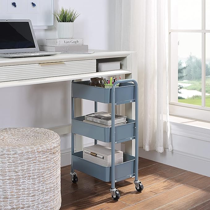 SunnyPoint 3-Tier Delicate Compact Rolling Metal Storage Organizer - Mobile Utility Cart Kitchen/Under Desk Cart with Caster Wheels - Blue (15.35" X 10.24" X 26.8"H)
