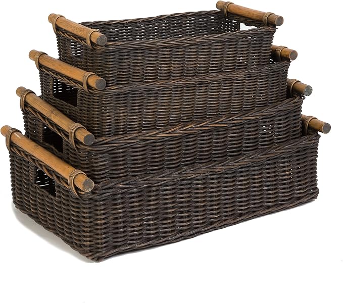 The Basket Lady Low Pole Handle Wicker Storage Basket, Medium, 17 in L x 10.5 in W x 5.5 in H, Antique Walnut Brown