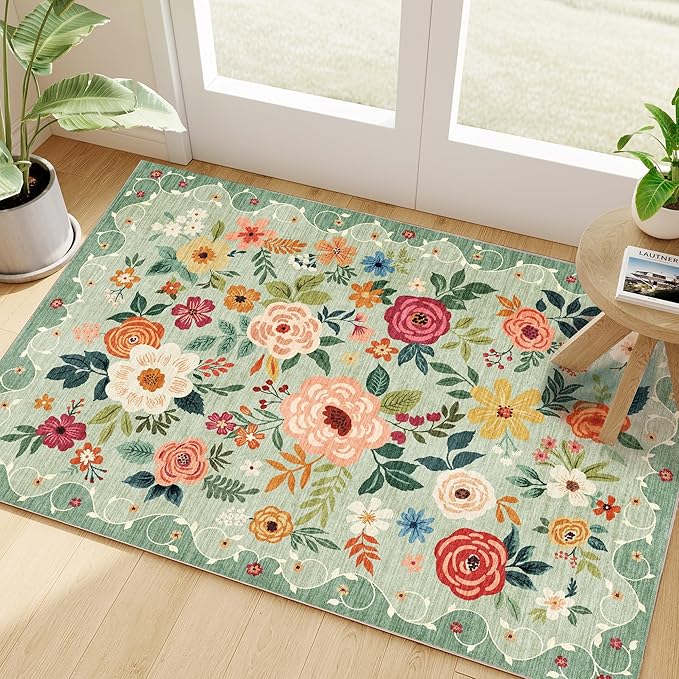 DUKINO 2x3 Rugs for Entryway, Floral Indoor Washable Front Door Mat, Non Slip Boho Small Carpet, Soft Low Pile Throw Rug for Entrance, Bedroom, Kitchen, Laundry, Bathroom, Green