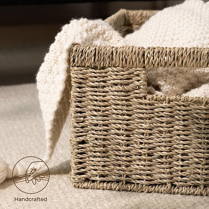 StorageWorks Wicker Storage Baskets, Large and Small Baskets, Handwoven Seagrass Basket for Organizing, Decorative Organizers with Built-in Handles, Set of 2