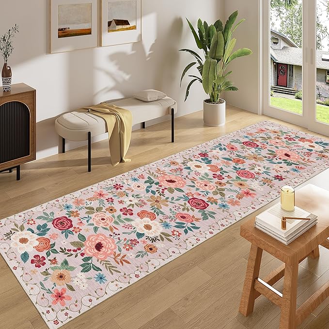 DUKINO 2x8 Runner Rug for Hallway, Washable Kitchen Runner Rug with Rubber Backing Non Slip, Low Pile Soft Boho Floral Thin Carpet for Entryway, Hallway, Bathroom, Laundry Room, Beige