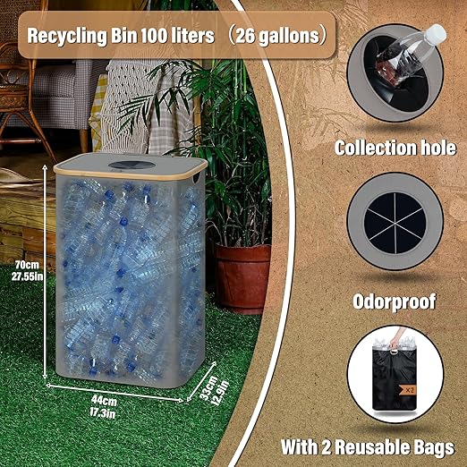 efluky Recycle Bin 26 Gallon, 100L Recycle Bin for Kitchen with 2 Removeable and Reusable Inner Bag, Large Recycling Bin with Lid for Bottle Can Plastice Stickers (Grey)