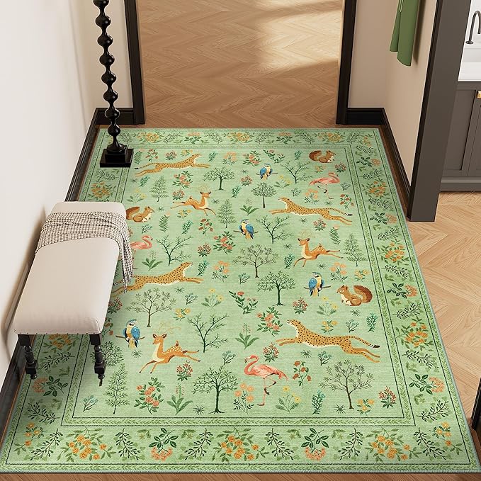 DUKINO 4x6 Rug, Washable Animal Area Rug with Non Slip Vintage Design, Indoor Soft Low Pile Carpet for Bedroom, Nursery, Dining Room, Farmhouse, Playroom, Light Green