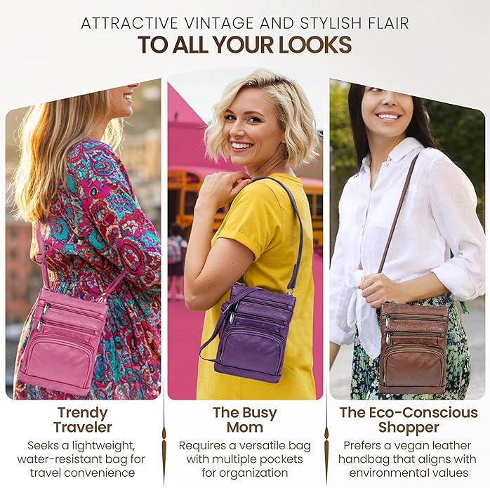 Krediz leather Crossbody Purses for Women, Multi Pocket Crossbody Purse with Adjustable Strap, Soft & Durable Leather Purse