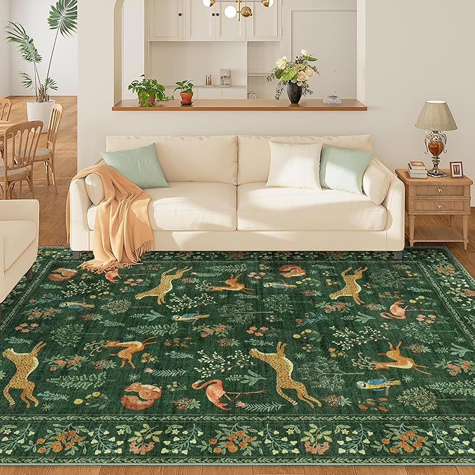 DUKINO 5x7 Rug, Washable Animal Living Room Rug with Non Slip Vintage Design, Soft Low Pile Large Carpet for Bedroom, Nursery, Dining Room, Farmhouse, Playroom, Green