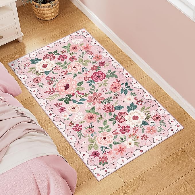 DUKINO 2x5 Runner Rug for Hallway, Washable Kitchen Floral Runner Rug with Non Slip Backing, Low Pile Soft Boho Carpet for Kitchen, Hallway, Entryway, Laundry, Bedroom, Pink