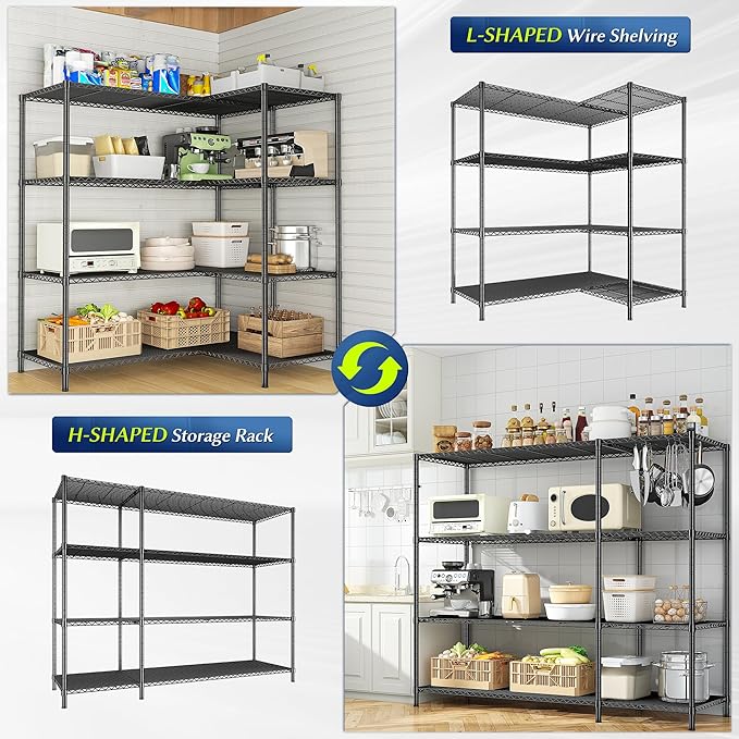 52.36''W Storage Shelves Metal Shelving Unit Load 1120LBS 4 Tier Wire Shelving for Storage Rack Adjustable Garage ShelvingGHeavy Duty for Pantry Kitchen Garage,52.36Wx13.78Dx59H,2PCS