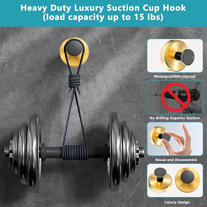 Suction Cup Hooks for Shower,Wreath Hanger for Front Door,Removable No Drill Towel Loofah Hooks,Upgraded 15 lbs Strong Suction for Bathroom,Wall,Glass,Stainless Waterproof- Black Gold 2 Pcs