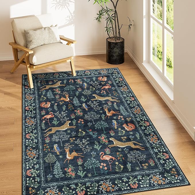DUKINO 3x5 Rug, Washable Animal Area Rug with Non Slip Vintage Design, Indoor Soft Low Pile Carpet for Bedroom, Nursery, Dining Room, Farmhouse, Playroom, Navy Blue