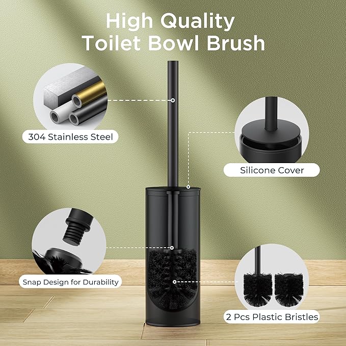 Toilet Brush and Holder Set, Toilet Bowl Brush with Heavy Duty 304 Stainless Steel Base and Extra Long Handle, Toilet Bowl Cleaners Brush for Bathroom (Matte Black)