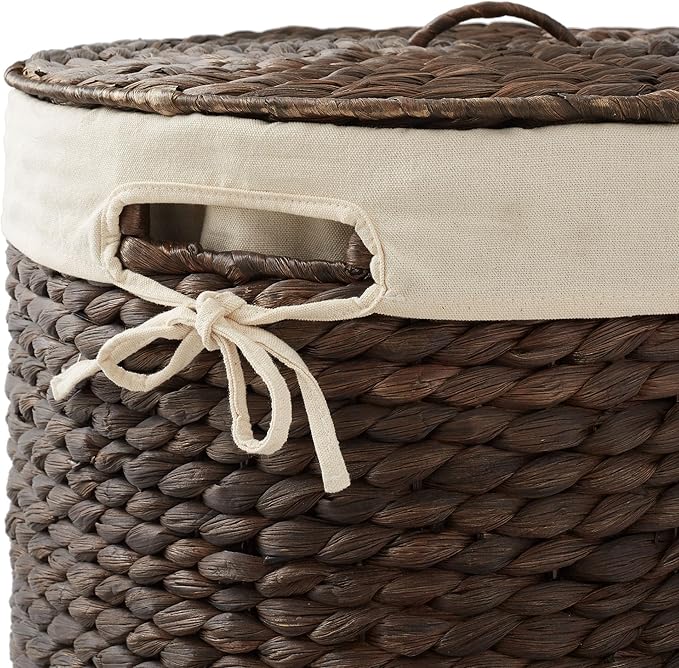 Casafield Round Laundry Hamper with Lid and Removable Liner Bag - Espresso, Woven Water Hyacinth Wicker Laundry Basket for Clothes and Towels