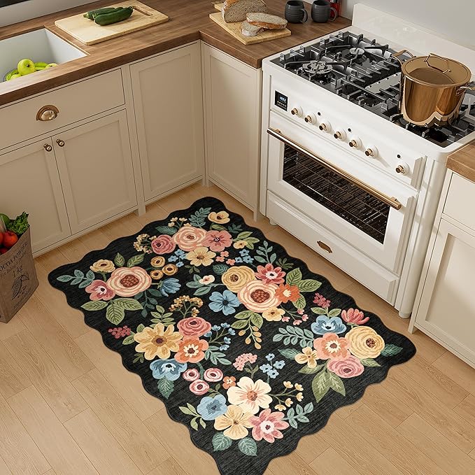 DUKINO 2x3 Entryway Rug, Floral Washable Indoor Door Mat with Non-Slip Backing, Soft Low Pile Small Front Door Throw Rugs for Entryway, Kitchen, Bedroom, Laundry, Bathroom,Black